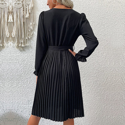 Damen Wickelkleid Plissee mit Knöpfen und Taillengürtel Eveloria