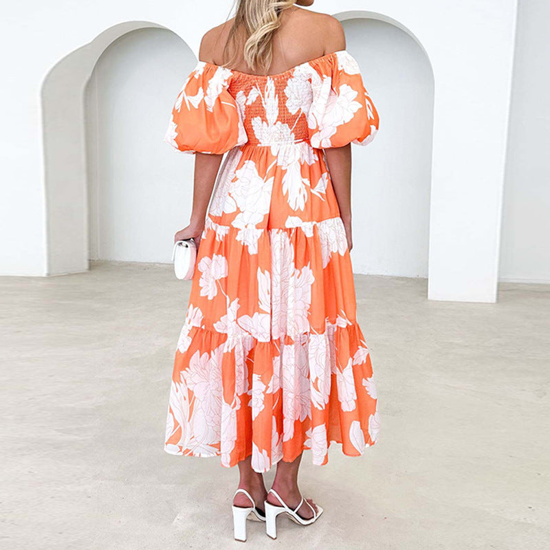 Damen Maxikleid Voluminöse Puffärmel Florales Design Eveloria