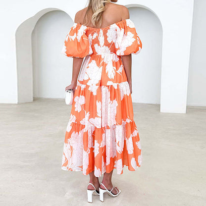 Damen Maxikleid Voluminöse Puffärmel Florales Design Eveloria