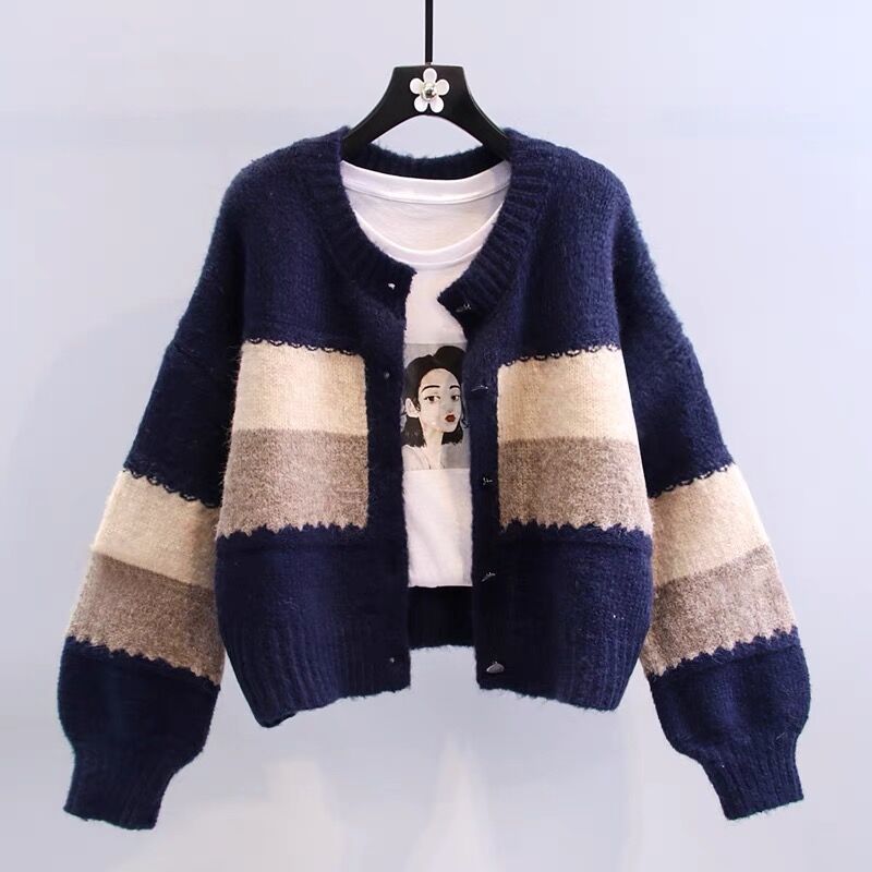 Damen Strickjacke Kontraststreifen Weiß