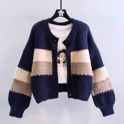 Damen Strickjacke Kontraststreifen Weiß