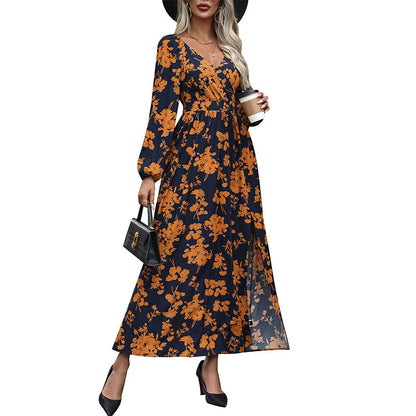Damen Maxikleid Floralmuster Seitenschlitz