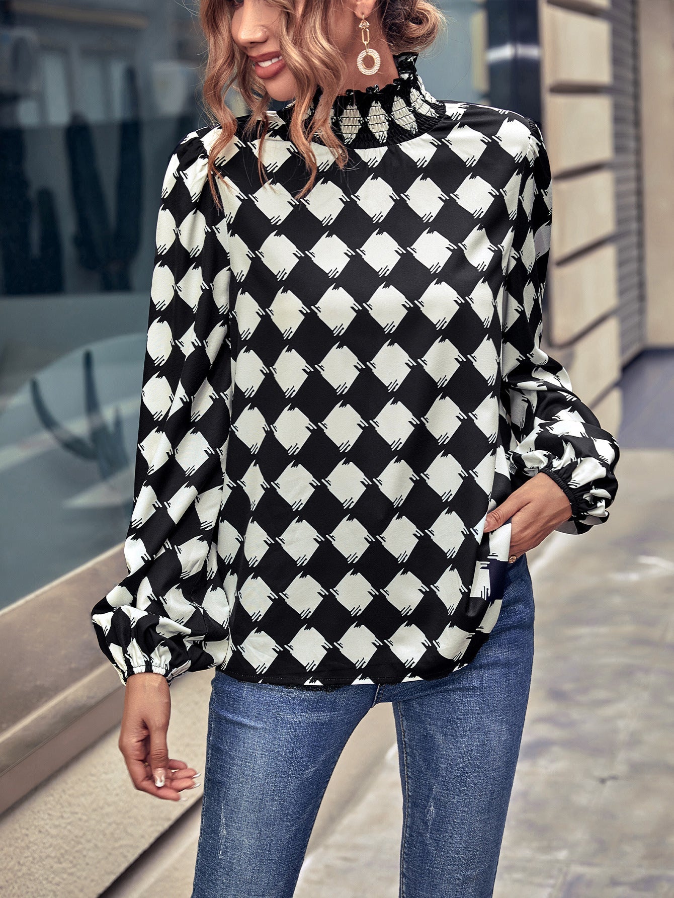 Damen Bluse Hochgeschlossener Kragen Grafisches Muster Eveloria