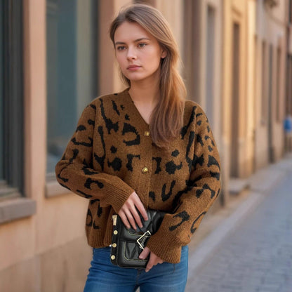Damen Strickjacke Animalmuster Goldknöpfe Beige