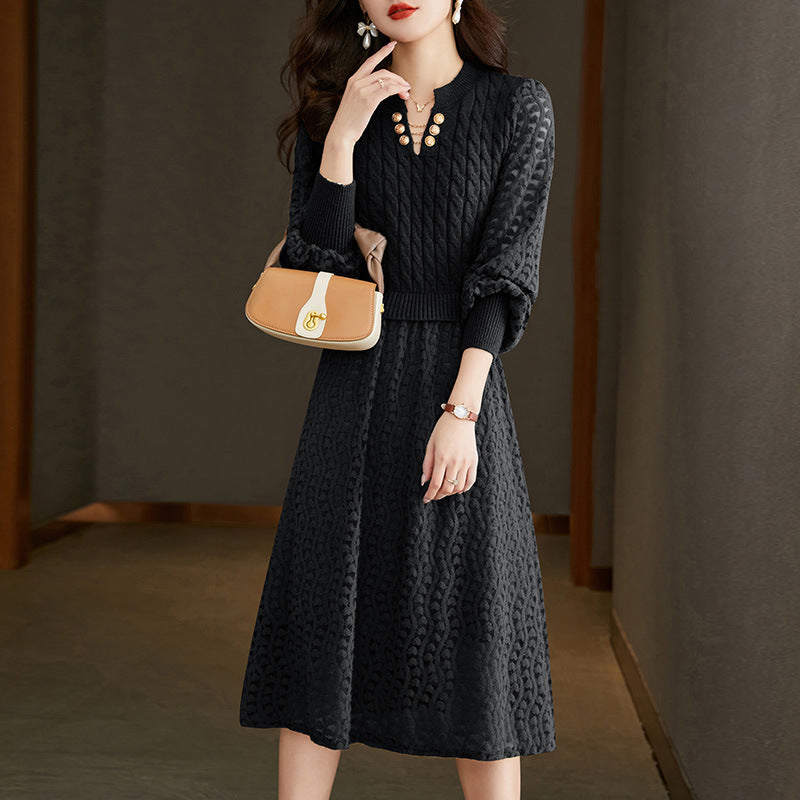 Damen Strickkleid Strukturiertes Oberteil Eleganter Rock