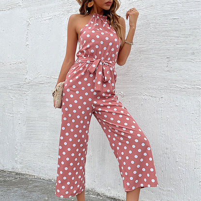 Damen Jumpsuit Moderner Punkte Look Verspielter Gürtel