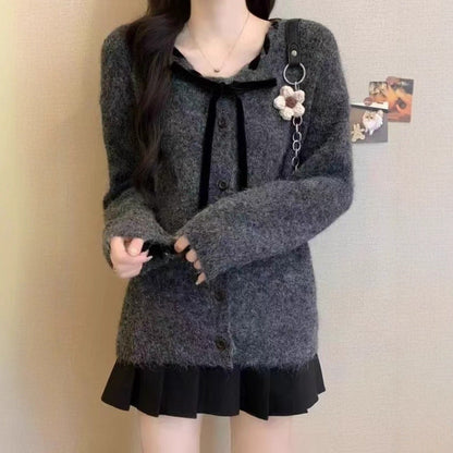 Damen Cardigan Kuschelig Mit Kragen Und Knöpfen Grau