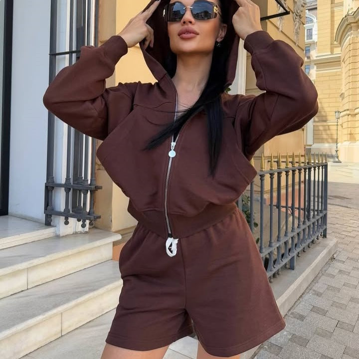Damen Sportliches Zweiteiler-Set Kurzärmelige Jacke Lässige Shorts - Eveloria