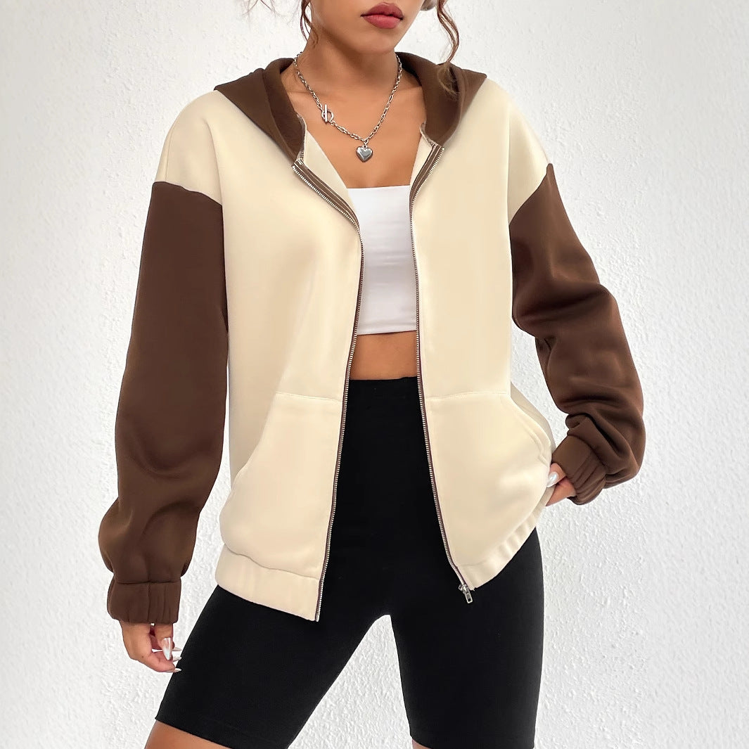 Damen Sweatjacke Lässig Kontrastärmel Kapuze