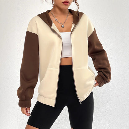 Damen Sweatjacke Lässig Kontrastärmel Kapuze