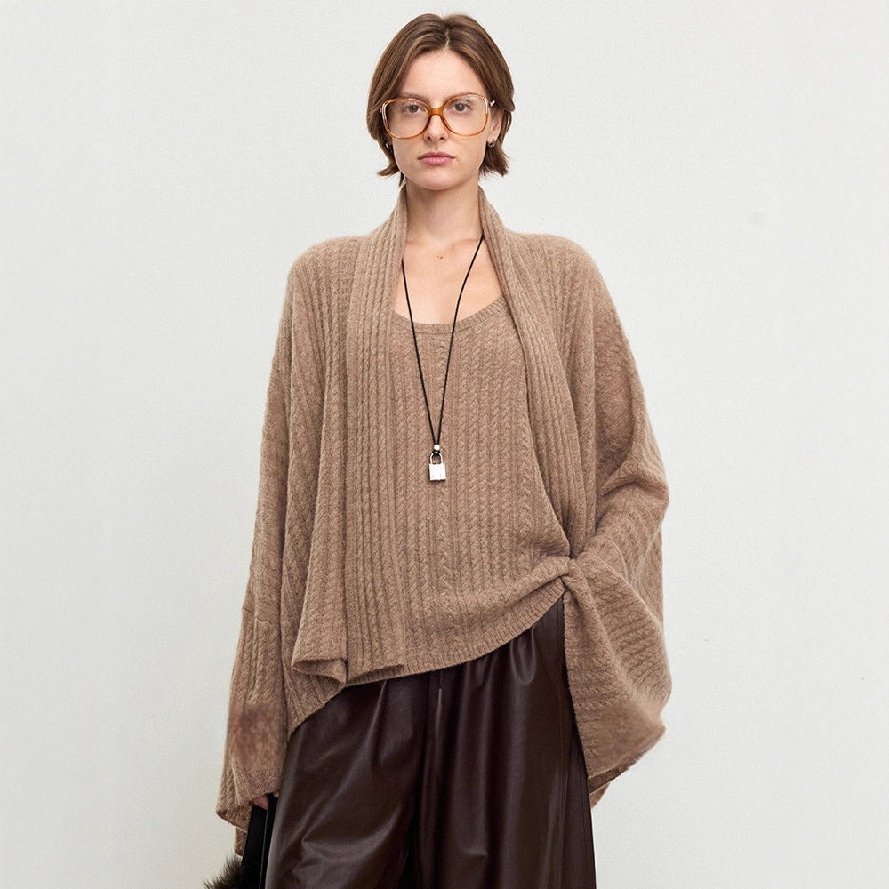 Damen Strickponcho Feine Wolle Luftig Beige