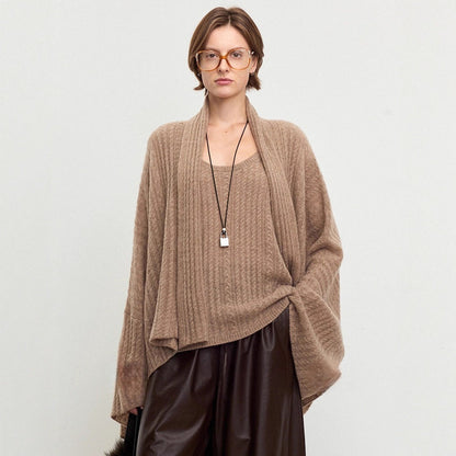 Damen Strickponcho Feine Wolle Luftig Beige