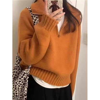 Damen Pullover Stehkragen Reißverschluss Kuschelig Gestrickt Eveloria