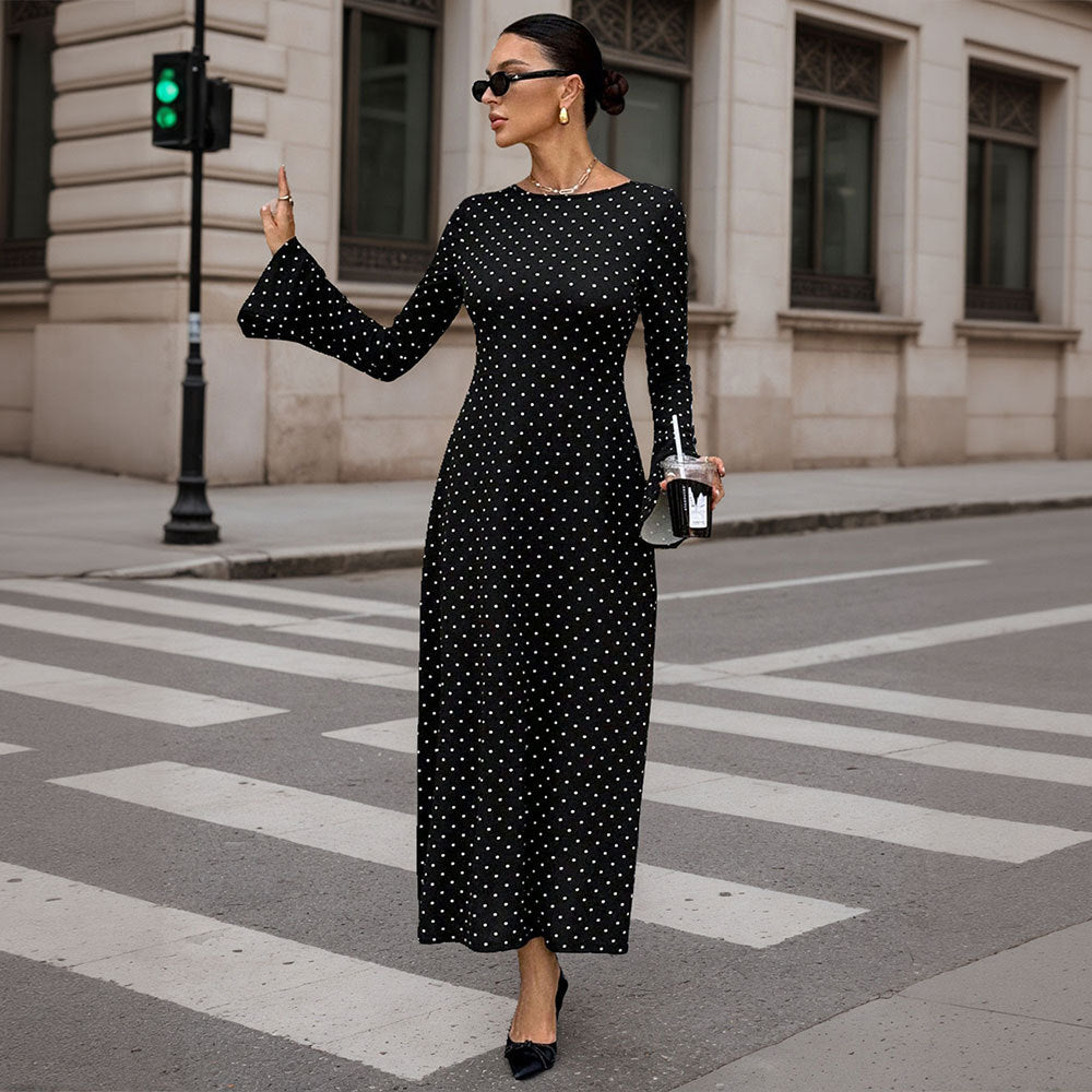 Damen Maxi-Kleid Punkte-Dessin Ärmel Elegant
