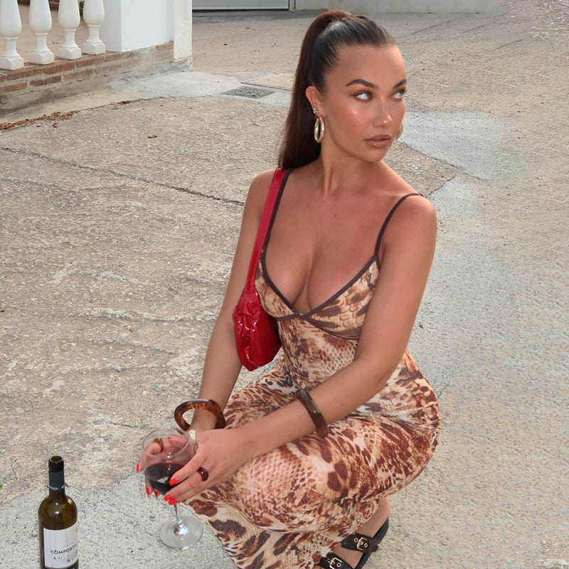Damen Ärmelloses Maxikleid Animal-Print Figurbetonter Schnitt