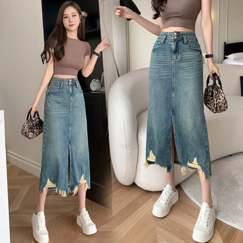 Damen Denimrock Lang Mit Seitlichem Schlitz Und Fransen Schwarz - Eveloria