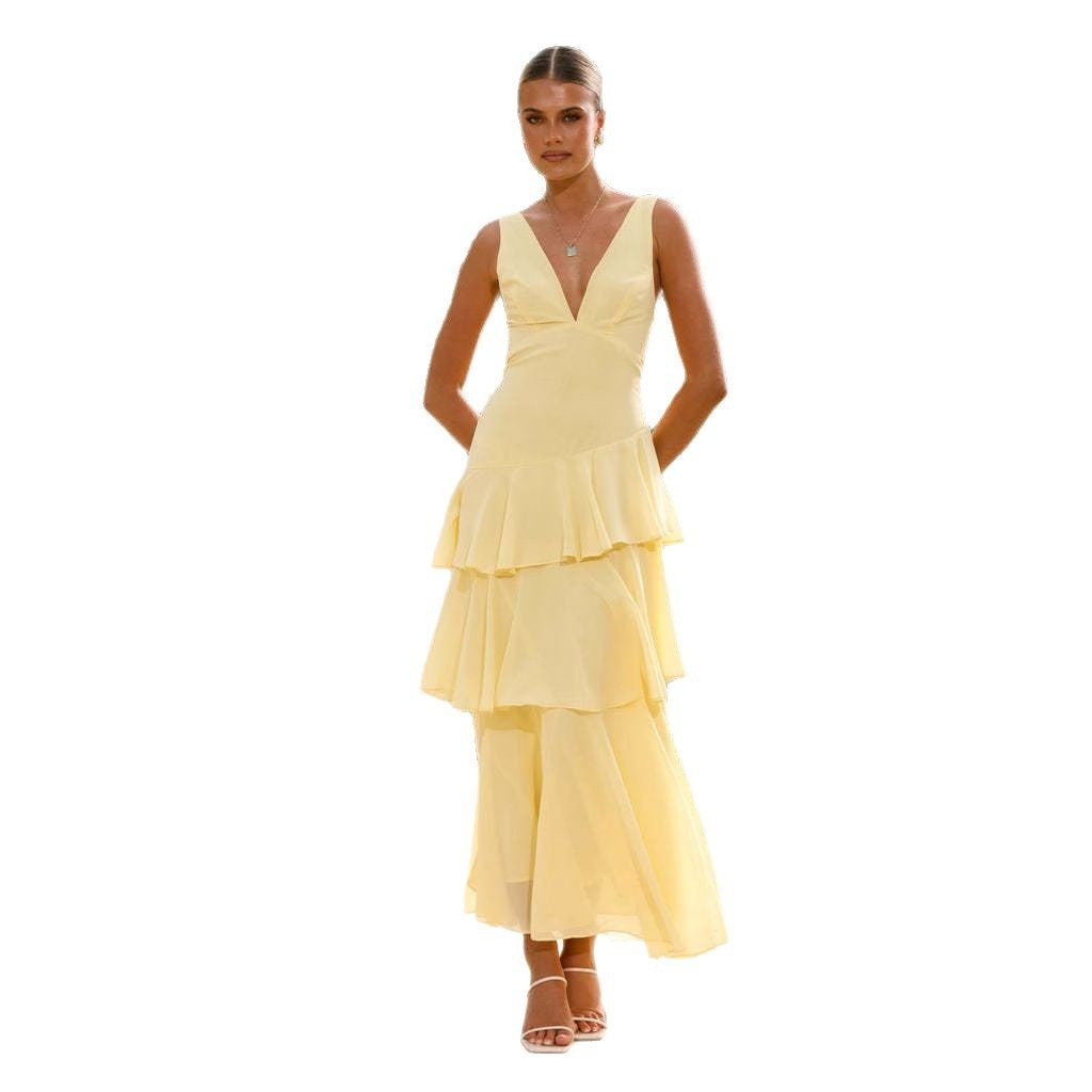 Damen Maxikleid Asymmetrischer Volant V-Ausschnitt Eveloria