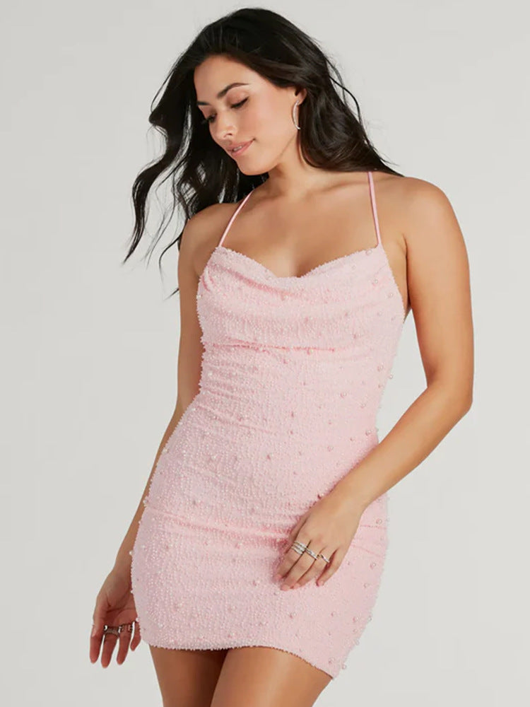 Damen Minikleid Figurbetont mit Perlen Spaghettiträgern