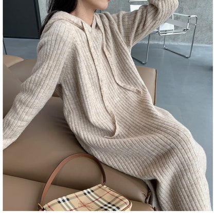 Damen Strickpullover Lang Kapuze Rippstruktur Beige