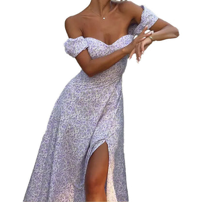 Damen Maxikleid Off-Shoulder Floralprint mit Schlitz