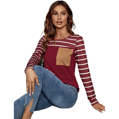 Damen Langarmshirt Streifen Baumwolle Praktische Brusttasche