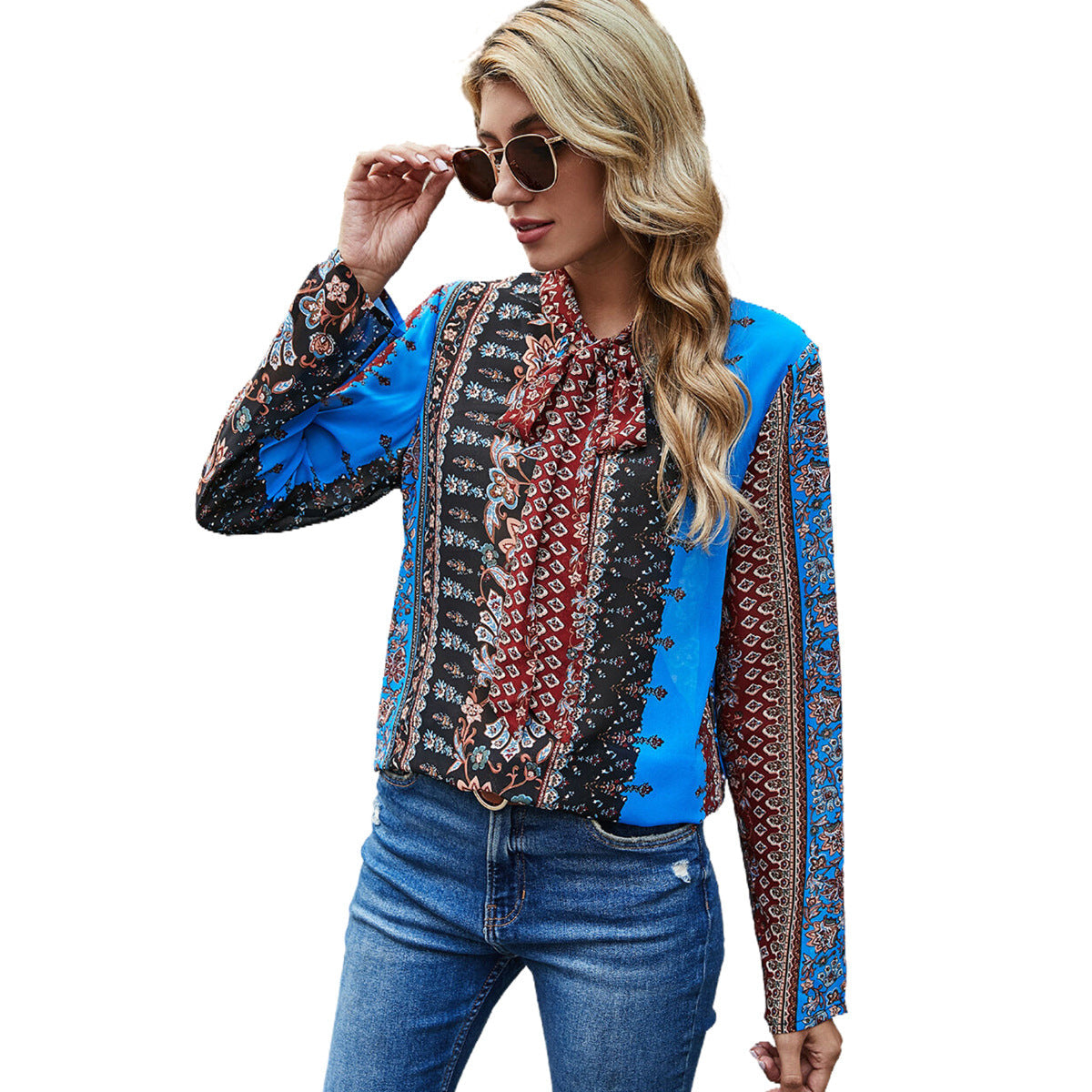 Damen Bluse Rüschendetails Kontrastmuster Eveloria