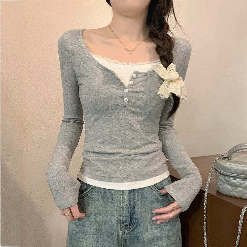 Damen Langarmshirt Knopfverschluss Schleife Weiss Eveloria