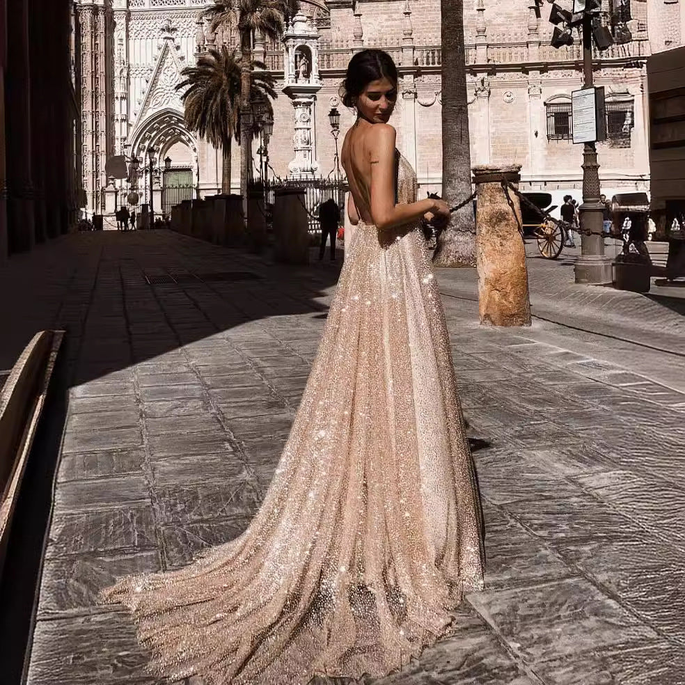 Damen Abendkleid Tüll V-Ausschnitt Schimmernd Eveloria