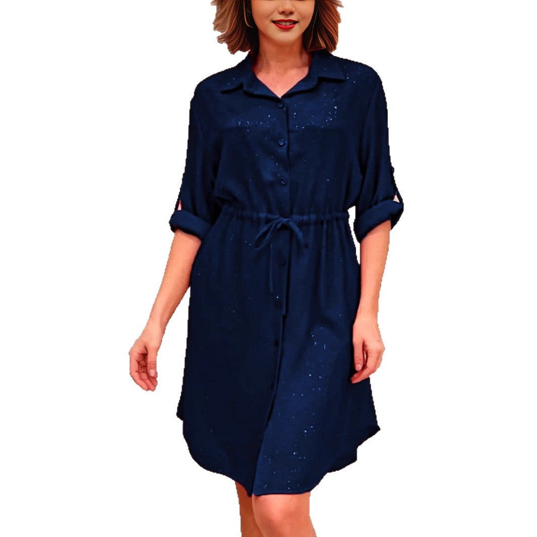 Damen Hemdblusenkleid Taillenzug Schimmernd Eveloria