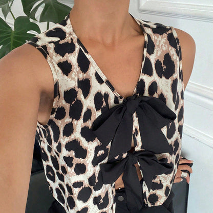 Damen Oberteil Leopardenmuster mit Schleifen-Detail