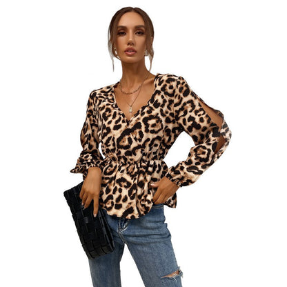 Damen Bluse Leopardenmuster Rüschendetails Eveloria
