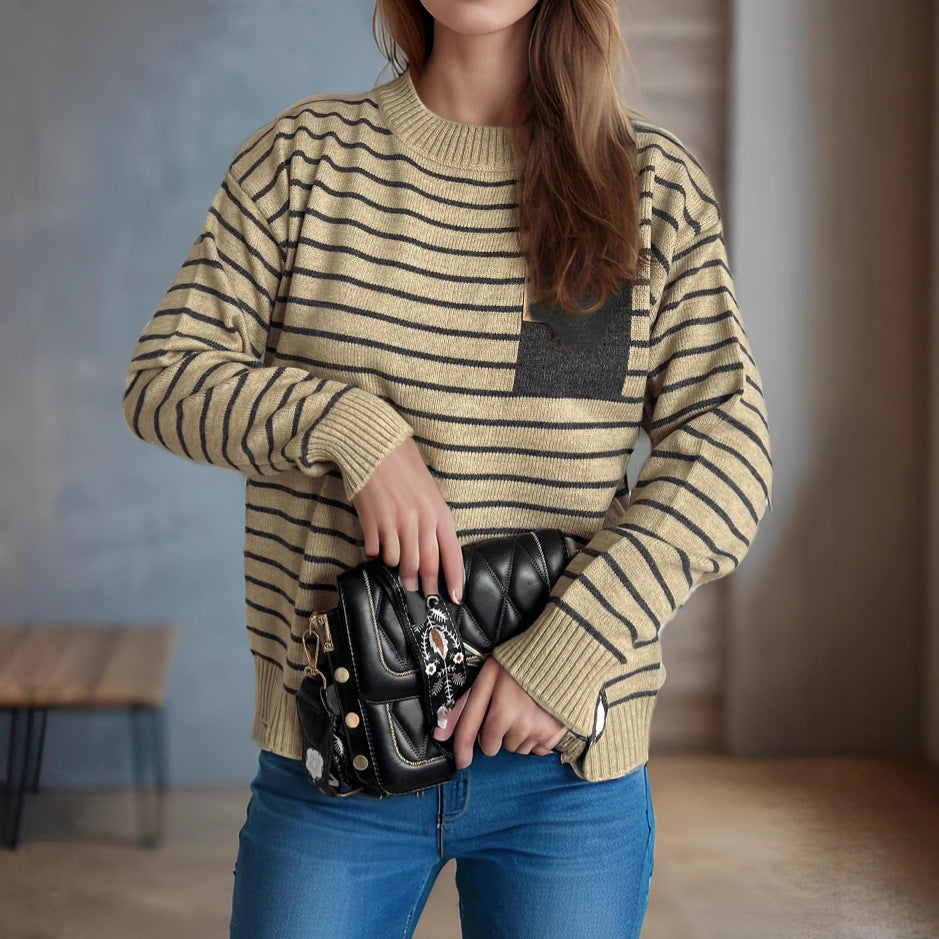 Damen Pullover Gestreift Lässig Breite Ärmel Grau Eveloria