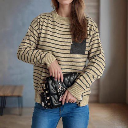 Damen Pullover Gestreift Lässig Breite Ärmel Grau Eveloria