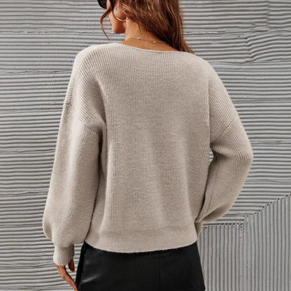 Damen Pullover V-Ausschnitt Lässige Passform Ballonärmel