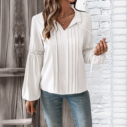 Damen Longbluse Spitzenakzente Feine Falten Elégant Weiß