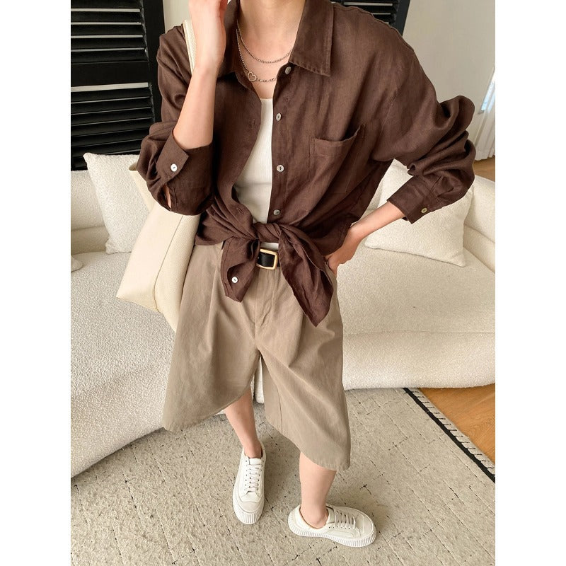 Damen Chino Shorts Hochwertig Falten Gürtel Detail Beige