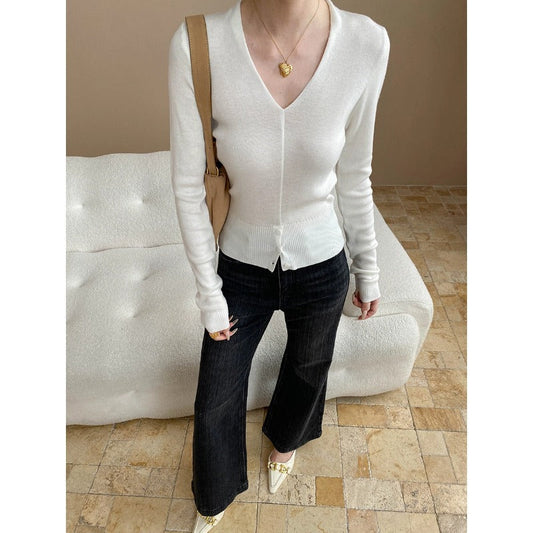 Damen Strickpullover V-Ausschnitt Feinripp mit Knöpfen und schmalen - Eveloria