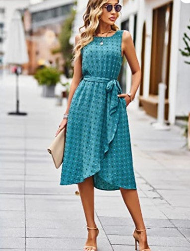 Damen Wickelkleid Glänzende Punkte Taillengürtel Eveloria