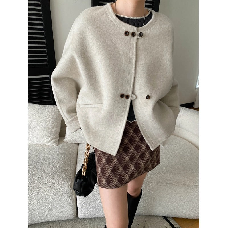 Damen Oversized-Jacke Wollmix Knöpfe Beige