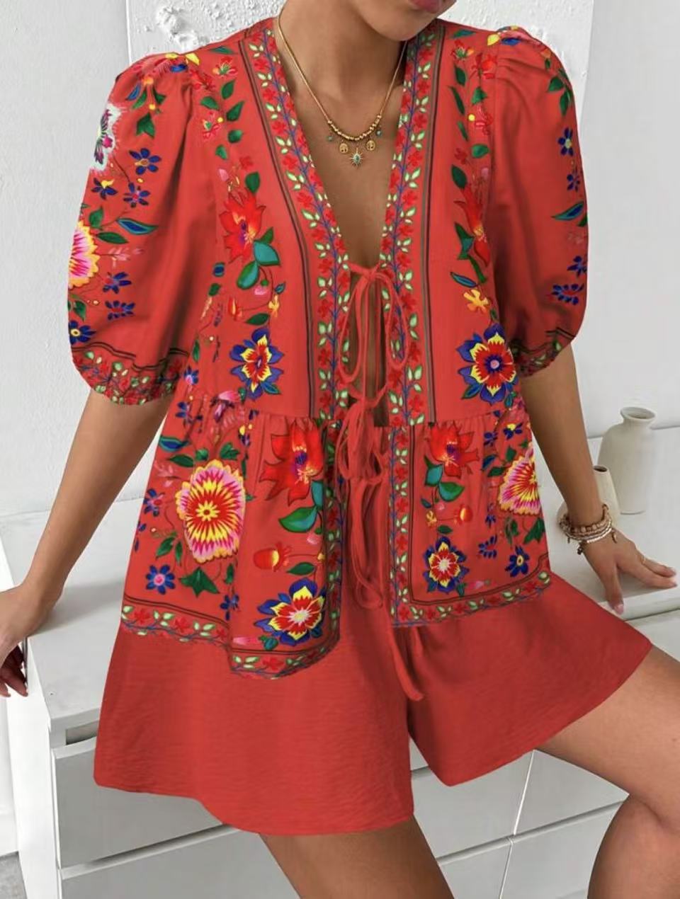 Damen Blusenshirt Bunt Blumenmuster Locker Eveloria