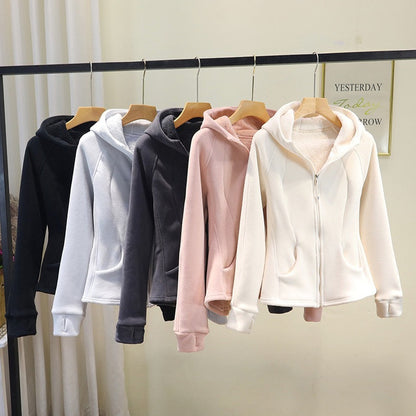 Damen Fleecejacke mit Reißverschluss und Kapuze Beige - Eveloria