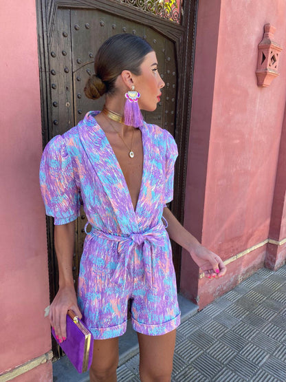 Damen Jumpsuit V-Ausschnitt Knöpfgürtel Eveloria