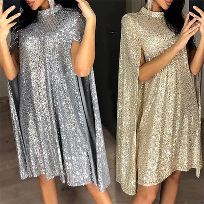 Damen Paillettenkleid mit Cape Ärmeln Eveloria