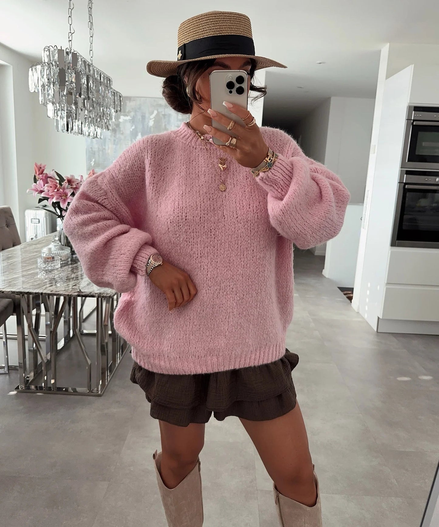 Damen Strickpullover Luftiger Look Voluminöse Ärmel Eveloria