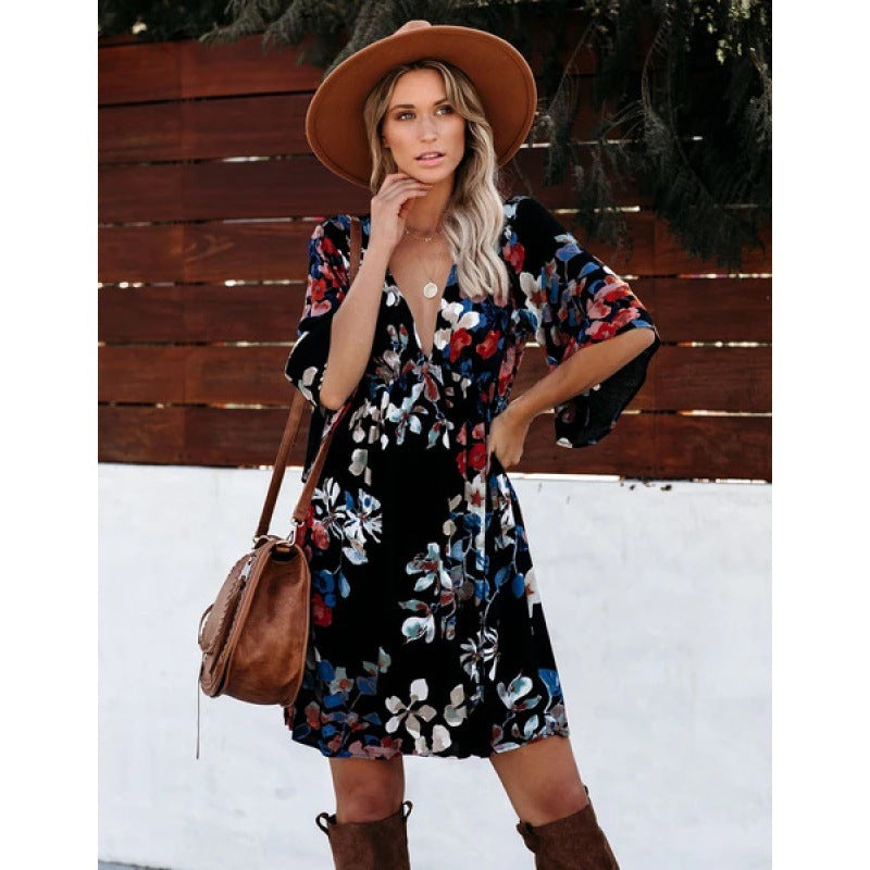 Damen Wickelkleid Boho-Stil Weite Ärmel Floralmuster