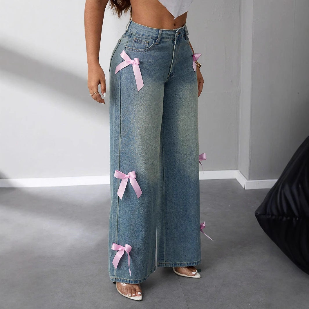Damen High-Waist Jeans Weite Mit Schleifenapplikationen Eveloria