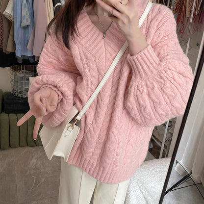 Damen Grobstrickpullover V-Ausschnitt Voluminöse Ärmel Eveloria - Eveloria