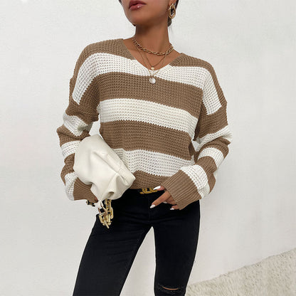 Damen Pullover Strukturiertes Waffelmuster V-Ausschnitt Beige - Eveloria