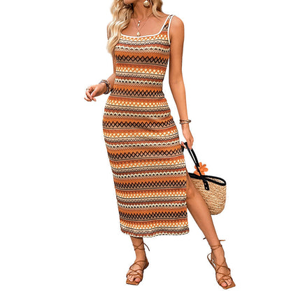 Damen Maxikleid Bunt Jacquardmuster Seitenschlitz