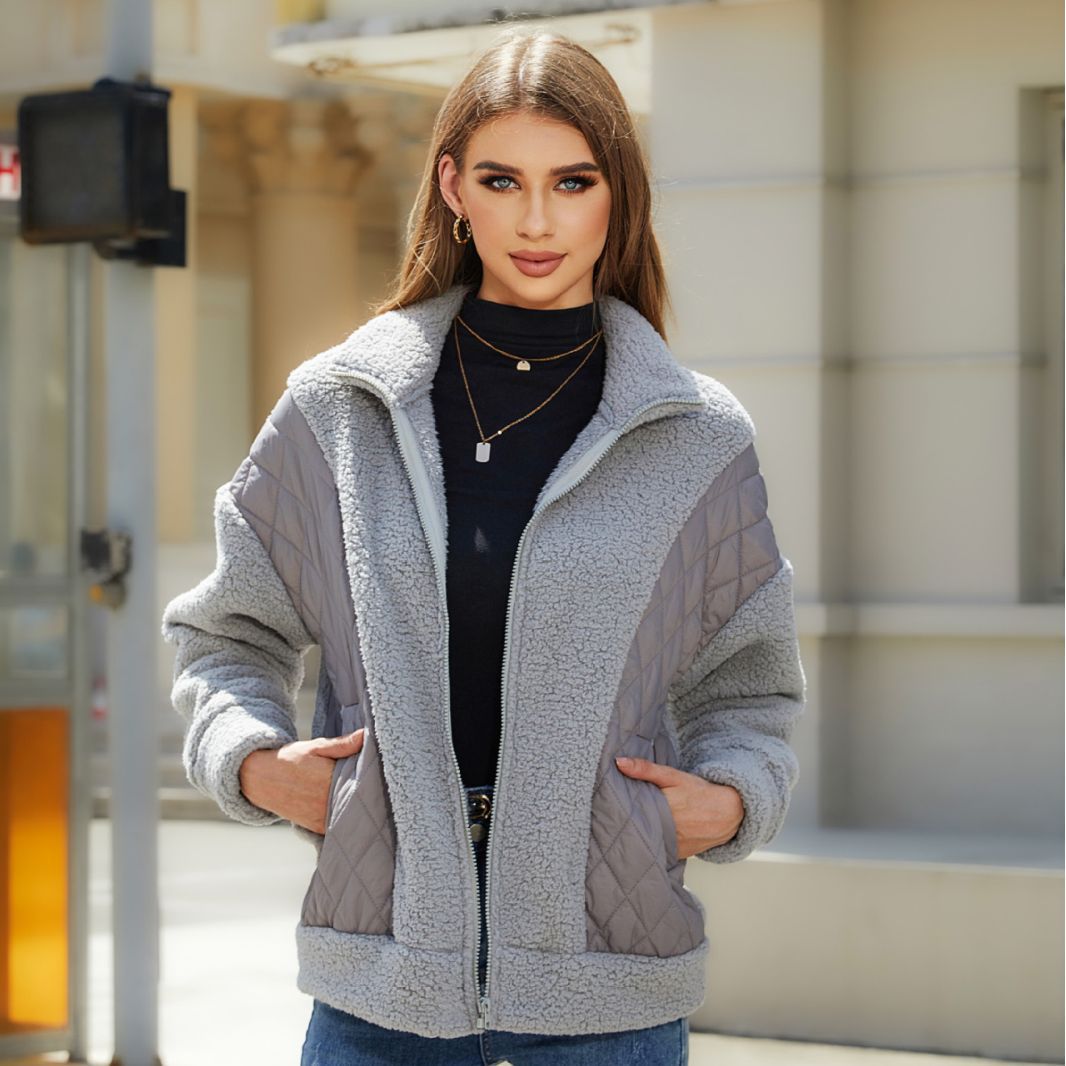 Damen Fleecejacke Steppdetails Praktische Taschen Kuschelig Grau